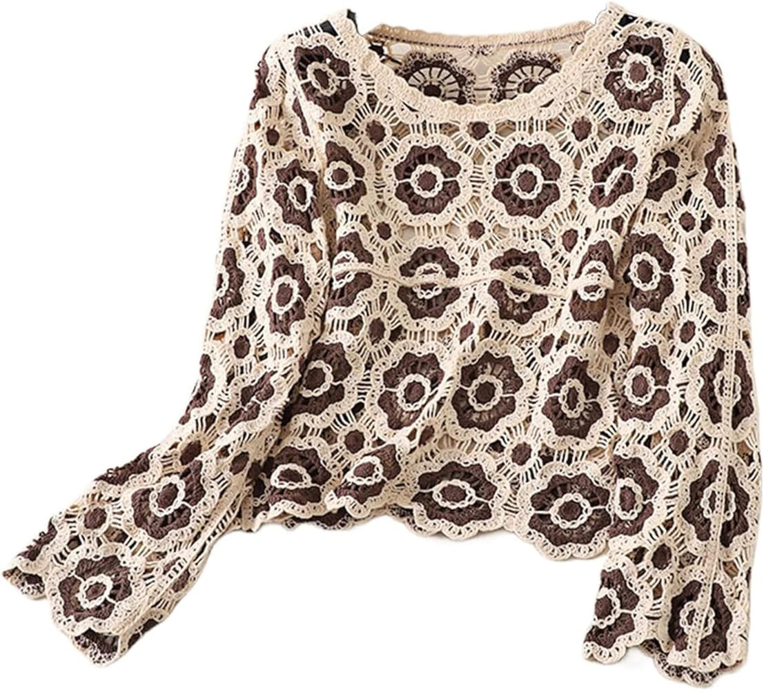 Honganda Women's Knit Crochet Cardigan Long Sleeve Floral Embroidery Hollow Out Knitwear Spring F... | Amazon (US)