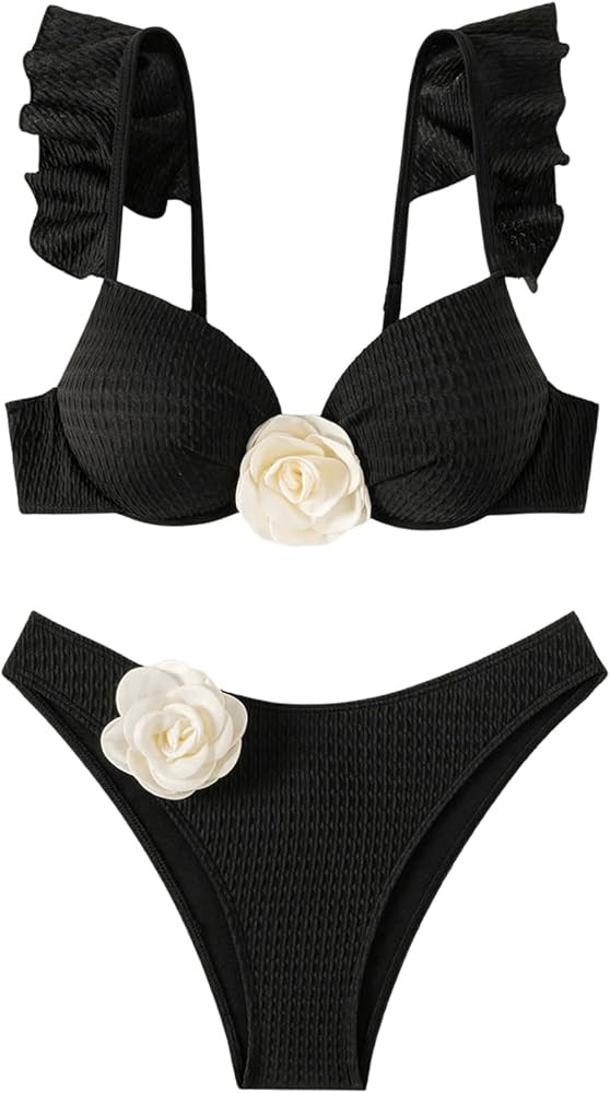 OYOANGLE Women's 2 Piece Bikini Set 3D Flower Ruffle High Cut Backless Bathing Suit Swimwear | Amazon (US)