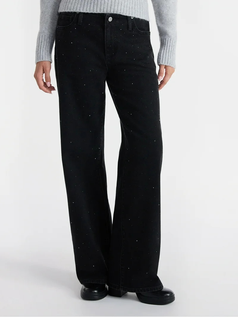 No Boundaries Studded Baggy Wide Leg Jeans, 31.5'' Inseam, Women's | Walmart (US)