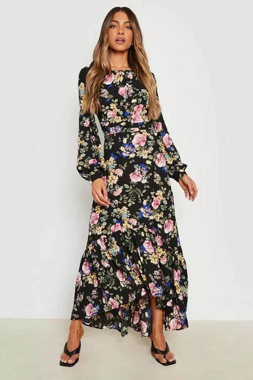 Floral Drop Hem Rouched Maxi Dress | Boohoo.com (UK & IE)