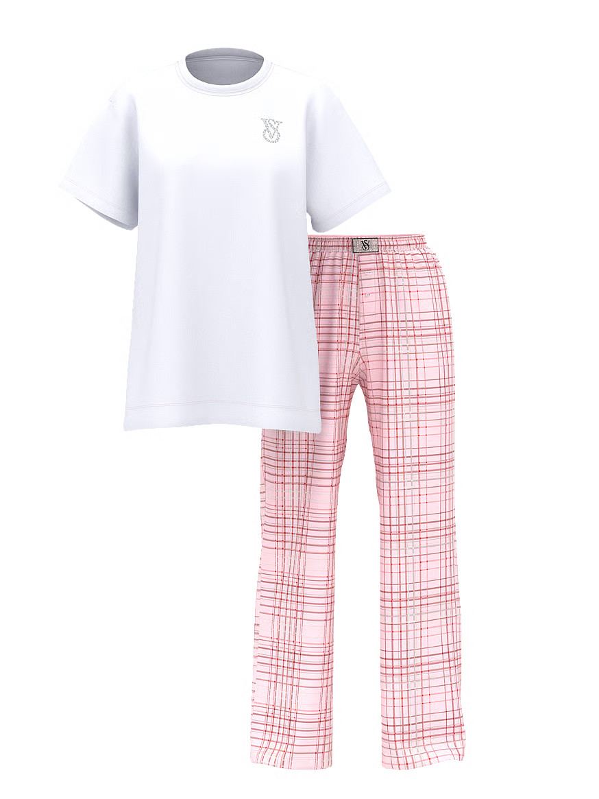 Buy Flannel Short-Sleeve Long Tee-Jama Set, White/Ivory - Order Pajamas Sets online - Victoria's ... | Victoria's Secret (US / CA )