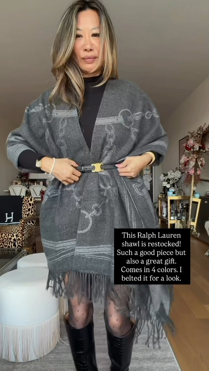 Ralph Lauren shawl and black faux leather shirt, bodysuit, polka dot nylons and knee high boots. Size small in the fit  

#LTKHoliday #LTKGiftGuide #LTKSeasonal