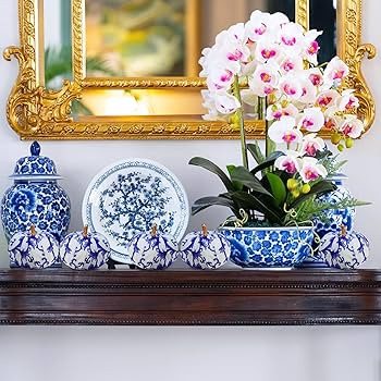 Winlyn 12 Pcs Small Fabric Decorative Blue and White Pumpkins Chinoiserie Chic Foam Pumpkins 3" f... | Amazon (US)