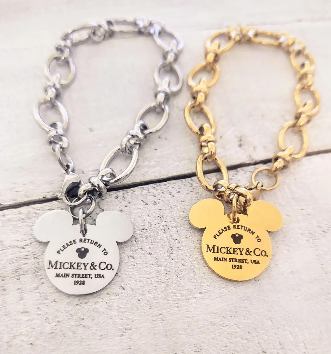 Please Return to Mickey & Co Engraved Mouse Ears Stainless Steel Charm Link Bracelet Silver Gold ... | Etsy (US)