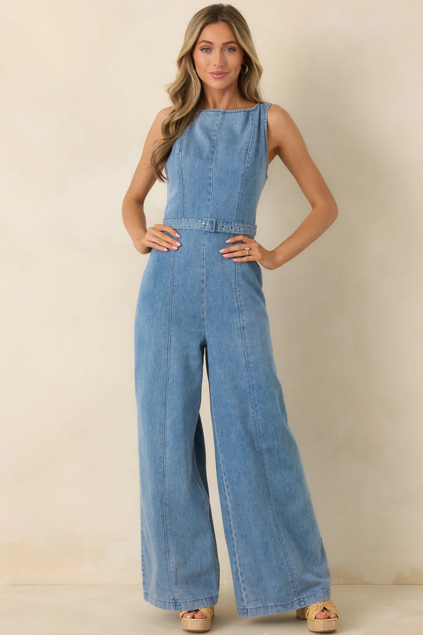 Smooth Operator Light Wash Cotton Denim Sleeveless Jumpsuit | Red Dress