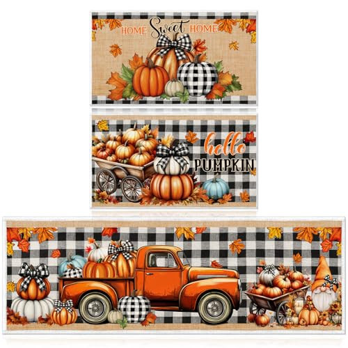 InIsaJace Fall Kitchen Mats for Floor, 3PCS Fall Kitchen Rugs Non Slip Doormat, Farmhouse Washable Thanksgiving Pumpkin Mat for Home Office Bathroom Party Decor | Amazon (US)