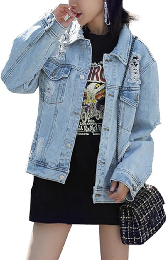 JudyBridal Oversize Denim Jacket for Women Ripped Jean Jacket Boyfriend Long Sleeve Coat | Amazon (US)