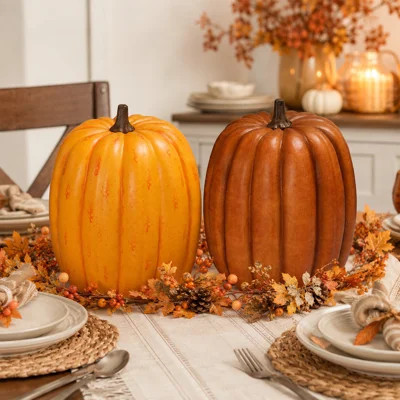 2‑Pack Faux Yellow & Orange Halloween Pumpkins, Foam Fall Porch Decor, Autumn Porch Ornaments, Indoor & Covered‑Outdoor Fall Decor for Tabletop Mantel | Wayfair North America