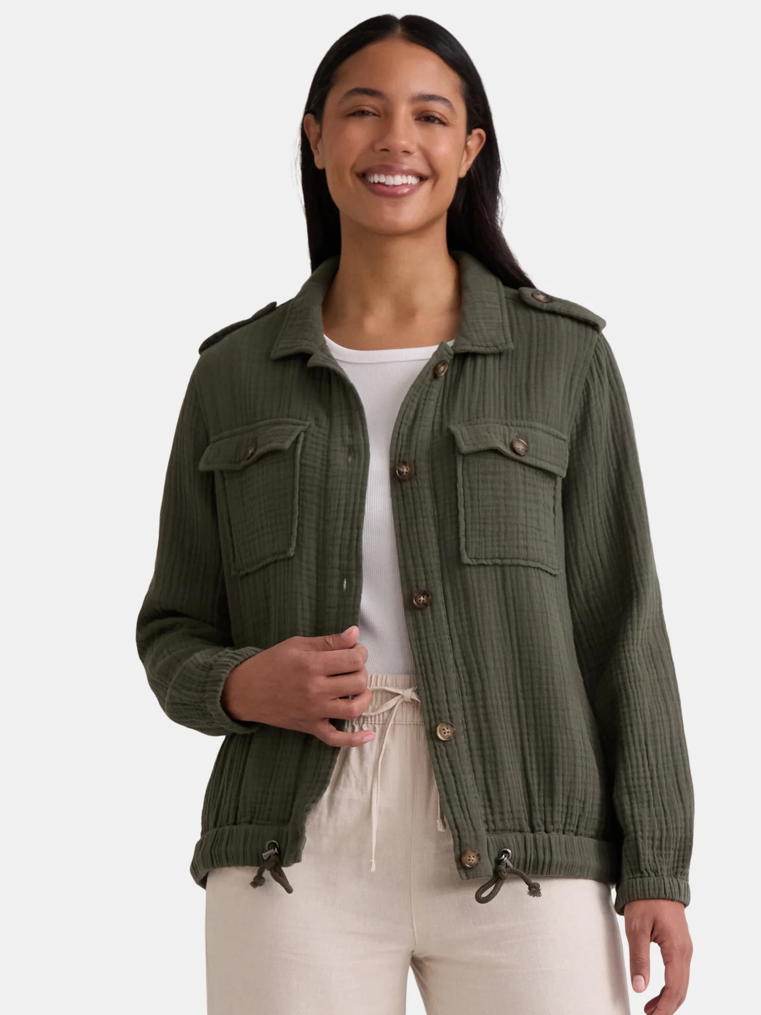 Time and Tru Women's Double Cloth Cotton Utility Jacket, Sizes XS-XXXL - Walmart.com | Walmart (US)