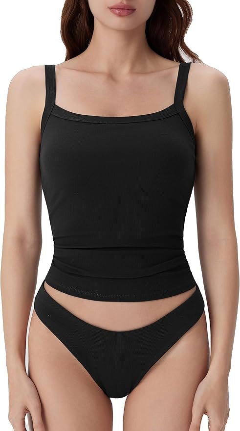 SUUKSESS Women Cotton Rib Padded Tank Tops Sleeveless Spaghetti Strap Square Neck Tops Summer Cam... | Amazon (US)