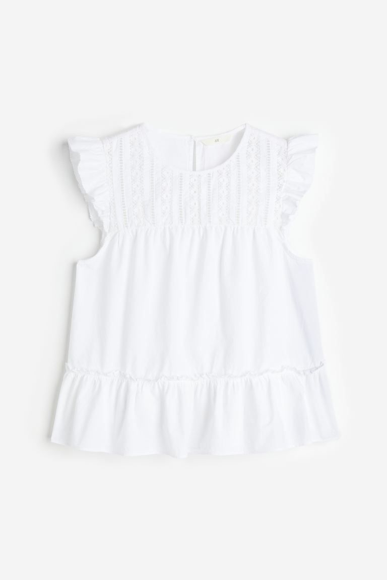 Flutter-sleeved Top - Round Neck - Short sleeve - White - Ladies | H&M US | H&M (US + CA)