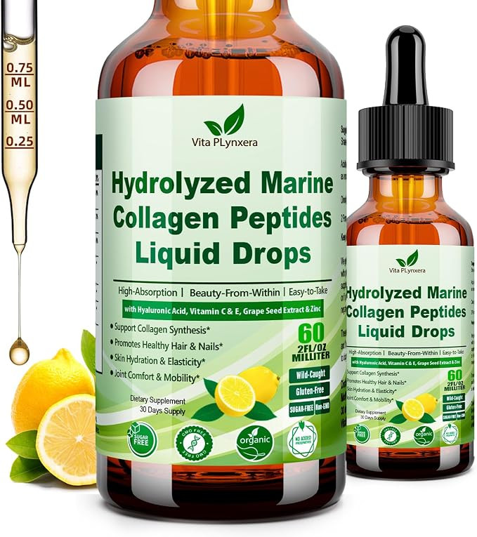Marine Collagen Peptides Liquid Drops, Hydrolyzed Multi Type I & III Collagen w. Vitamin C E Grap... | Amazon (US)