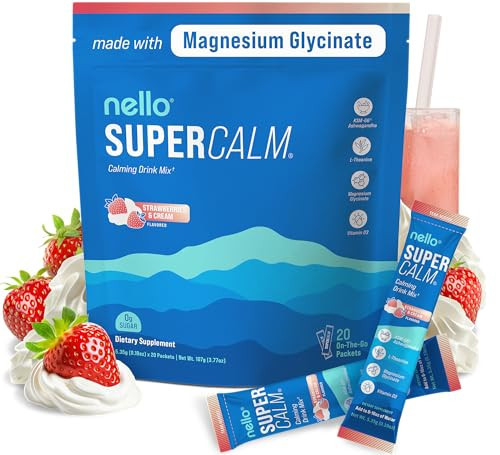Nello Supercalm Powdered Drink Mix, Cortisol Reducer*, Sleep Aid Supplement, L Theanine, Ksm-66 Ashwagandha, Magnesium Glycinate, Vitamin D 3, No Sugar, Non GMO, 20 Ct, Strawberries & Cream | Amazon (US)