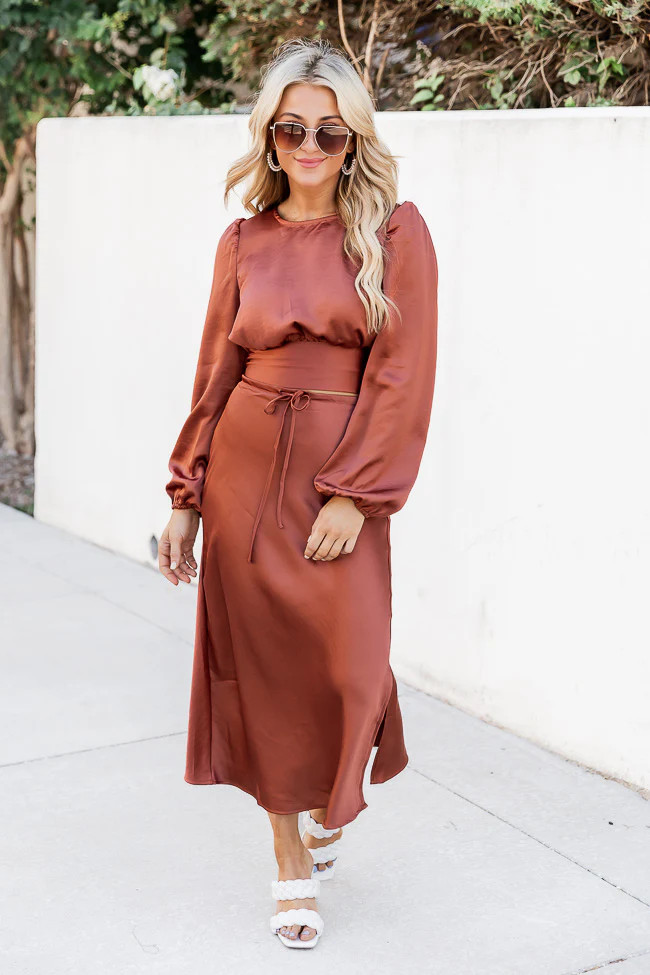 Somebody Else Rust Open Back Satin Cropped Blouse | Pink Lily