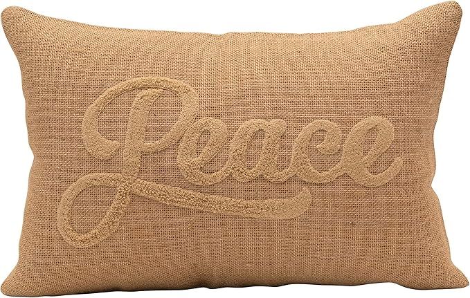 Amazon.com: Creative Co-Op 18" L x 12" H Woven Jute Lumbar w/Gold Thread & Embroidery Peace Pillo... | Amazon (US)