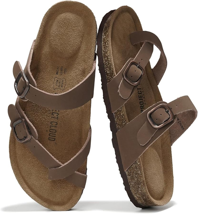 Project Cloud 100% Genuine Leather Womens Sandals - Cork Footbed Slides For Women - Comfortable S... | Amazon (US)