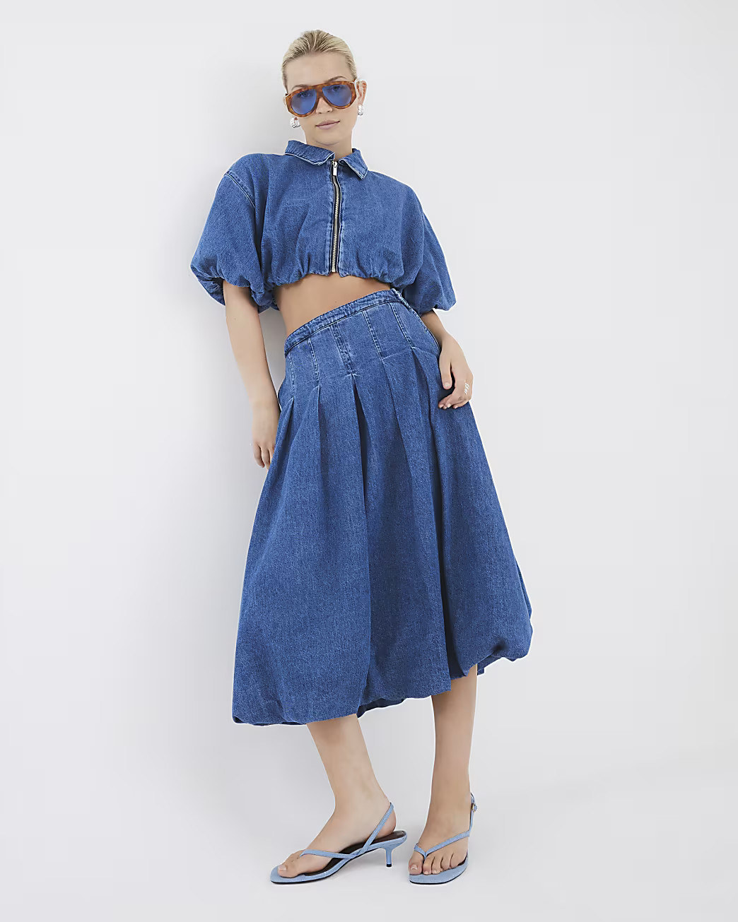 Blue Denim Bubble Hem Midi Skirt | River Island UK & IE