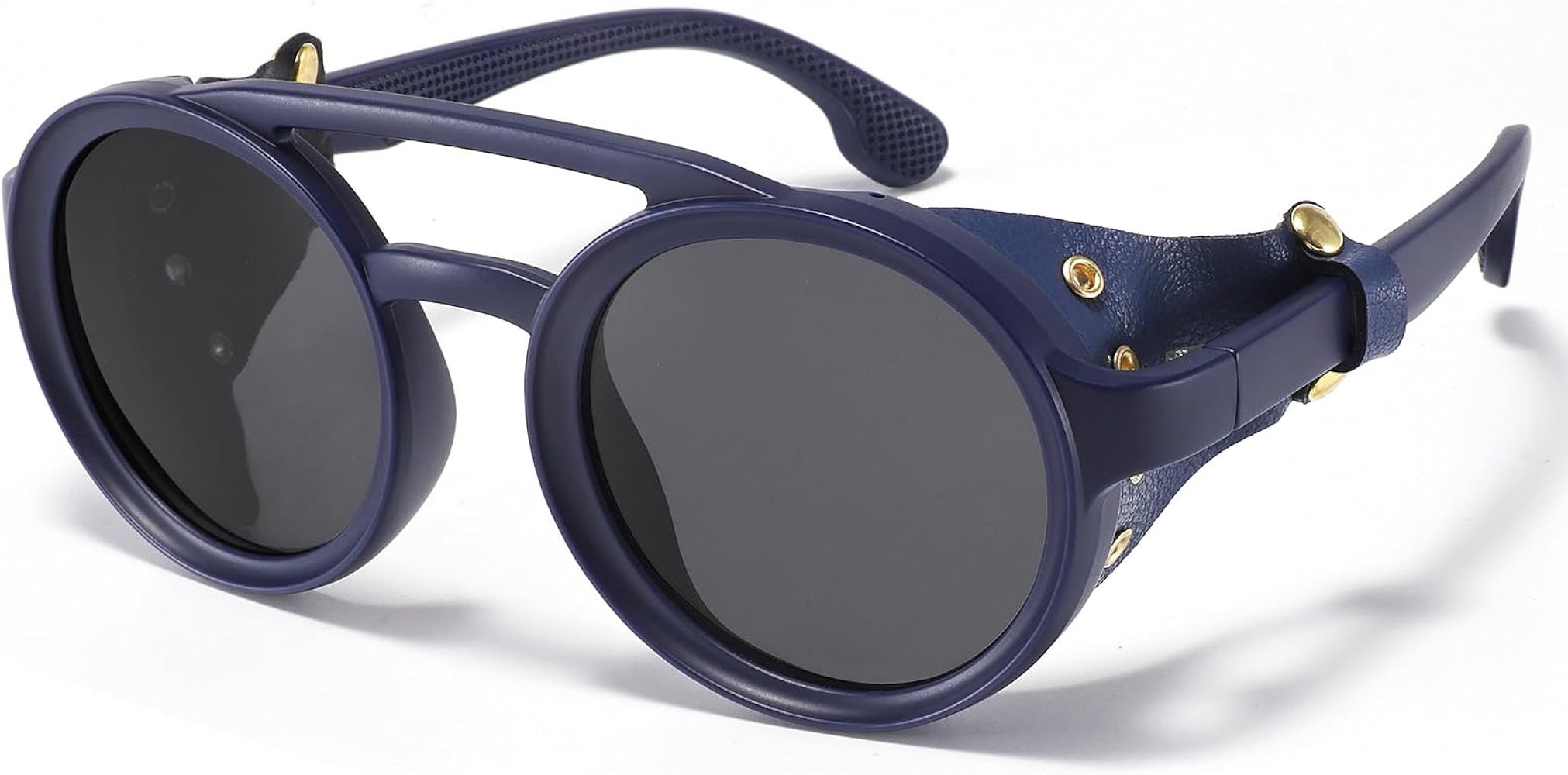 Polarized Round Steampunk Sunglasses with Leather Side Double Bridge Shield Retro Eyewear for Men... | Amazon (US)