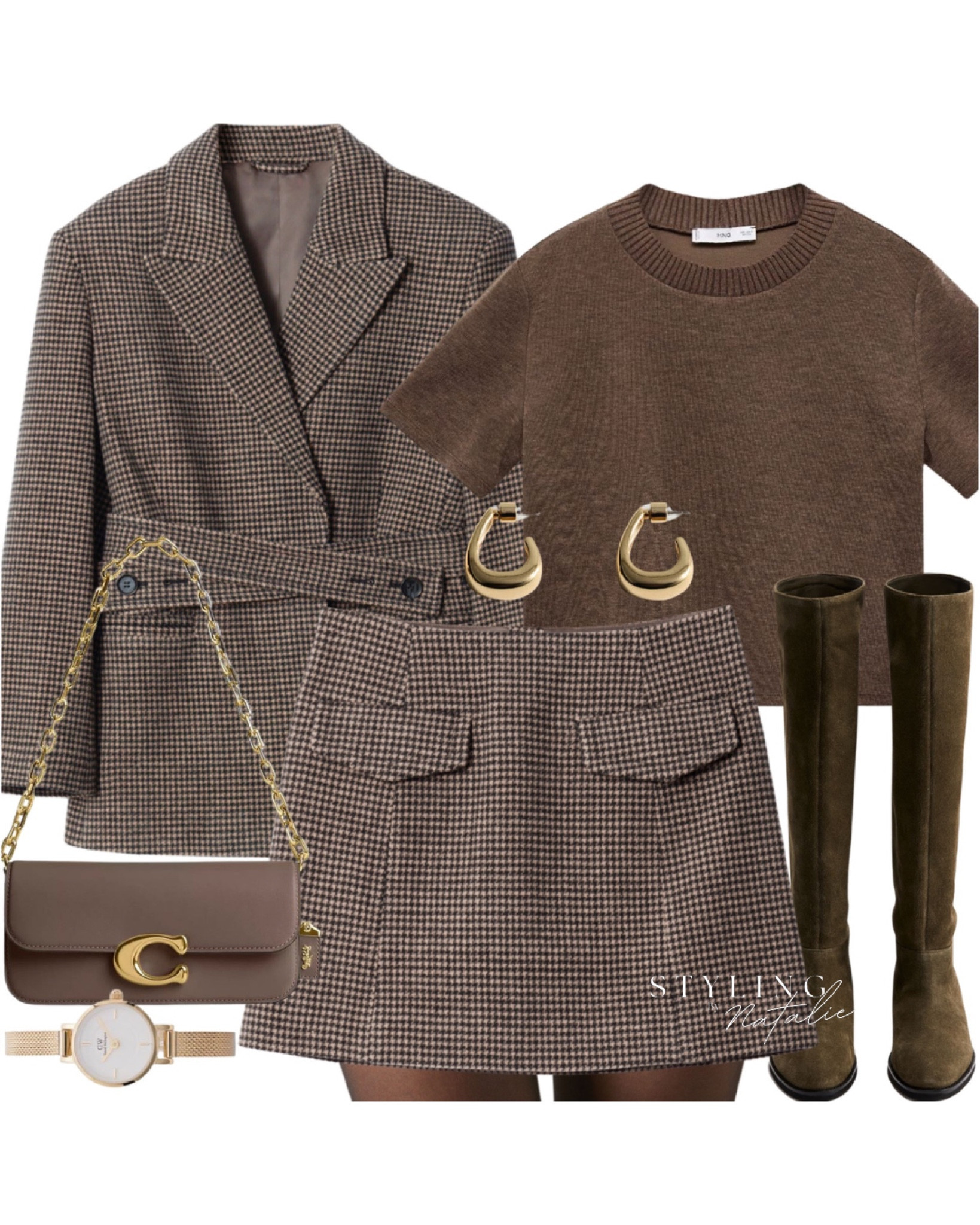 Mini skirt and knee high boots outfit
Tweed mini skirt and matching blazer, knit top, suede flat knee high boots, coach handbag, gold earrings. 

#LTKstyletip #LTKshoes #LTKuk