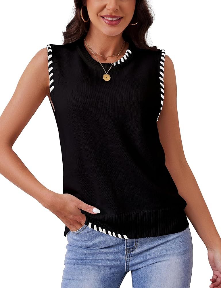 Womens Sweater Vest Contrast Seam Knitted Vest Casual Crew Neck Sleeveless Pullover Sweater Tank ... | Amazon (US)