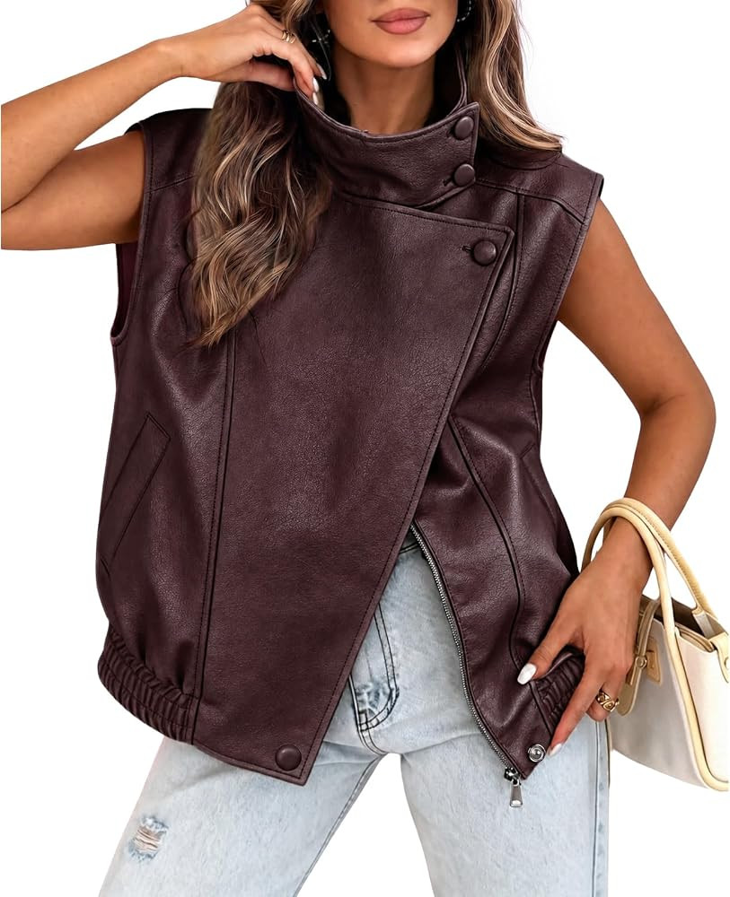 Tankaneo Womens Oversized Faux Leather Vest Stand Collar Sleeveless Jacket | Amazon (US)