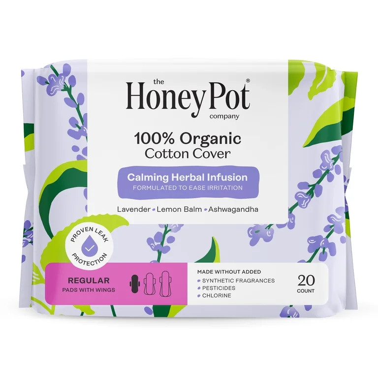 Honey Pot 100% Organic Cotton Cover Calming Herbal Infusion Regular Pads, 20 Count | Walmart (US)