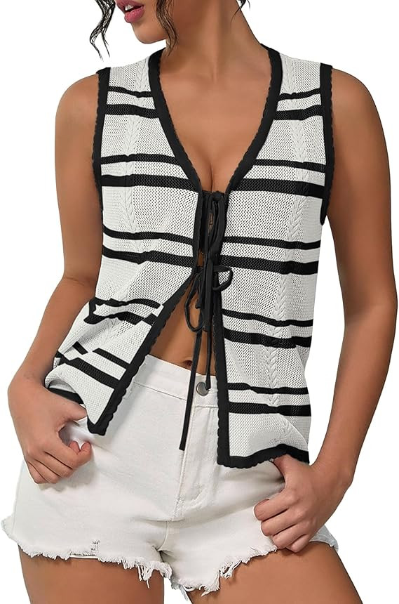 IEEILULU Women Sleeveless Knit Vest Striped V Neck Tie Front Sweater Vests Y2k Crochet Tank Tops ... | Amazon (US)