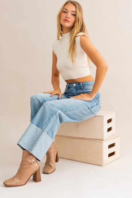 High-Waisted Wide Leg Cuffed Jeans in Light Blue Denim S | Casual Chic Boutique