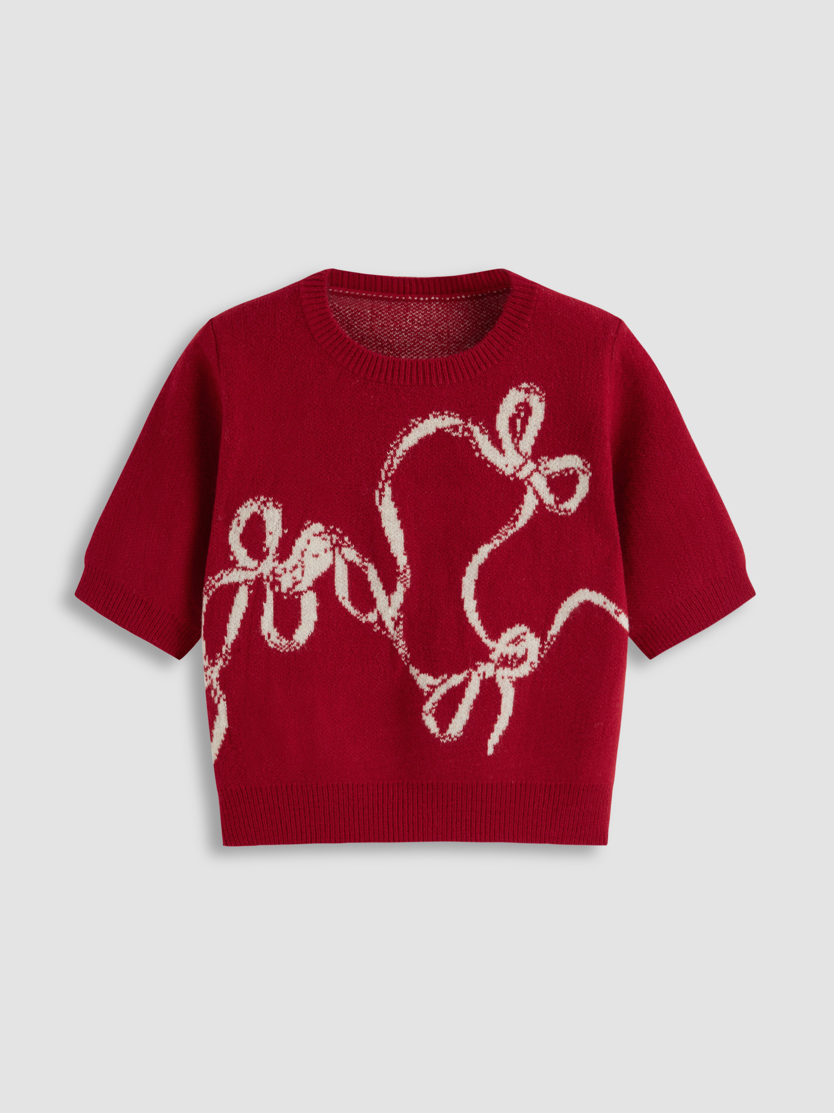 Knit Fabric Knit Bowknot Oversized Short Sleeve Top For Vacation | Cider