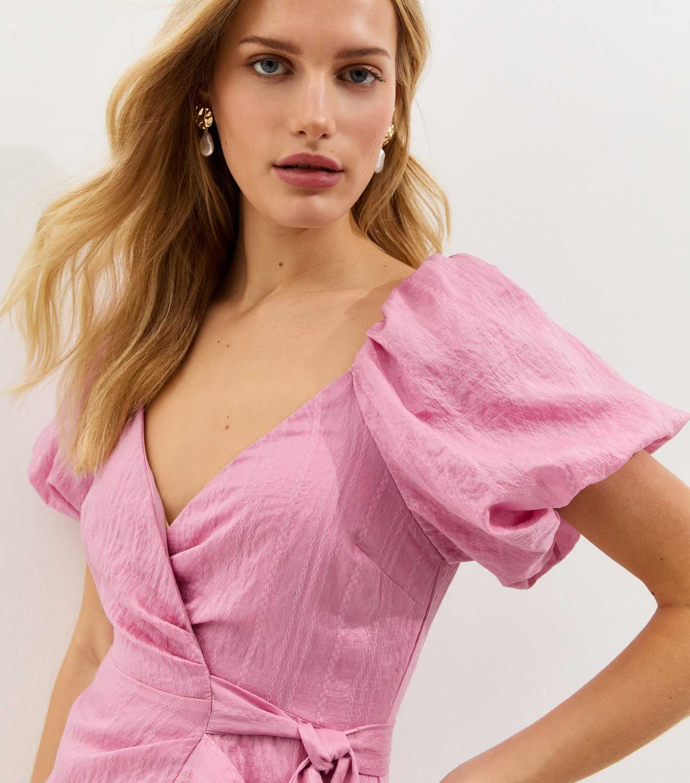 Pink Textured Ruffle Trimmed Wrap Midi Dress | New Look | New Look (UK)