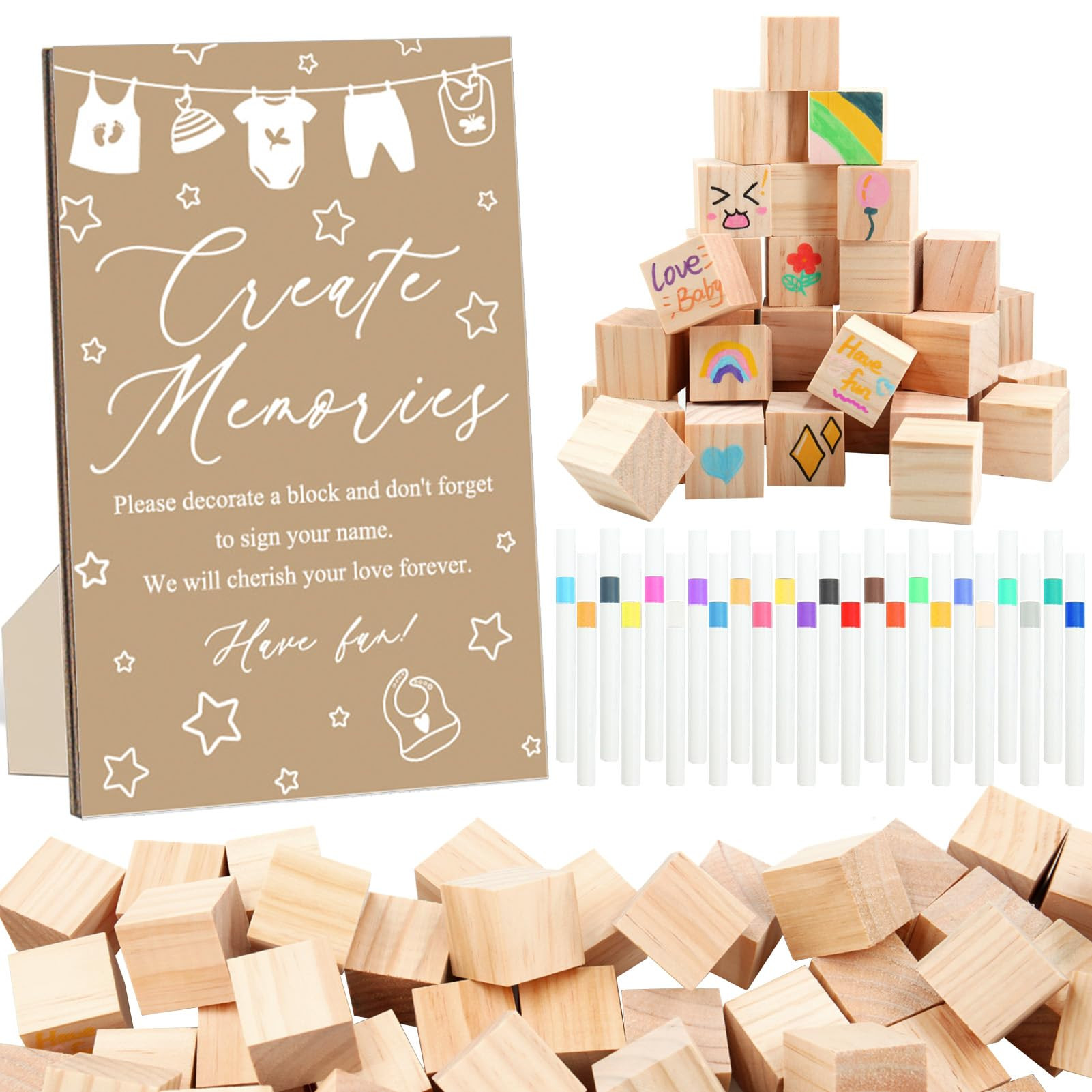 97 Pcs Baby Shower Games Sign Kit,Including Decorate a Block Game Sign 72 DIY Blank Wooden Block ... | Amazon (US)