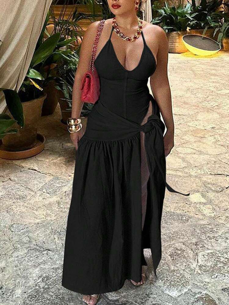 LocalLace Up Halter Bodysuit With Wrap Midi Skirt Set Matching 2 Pieces Set Sexy Outfits | SHEIN