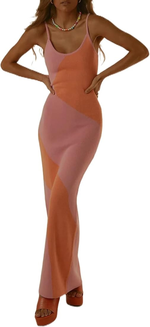Yuemengxuan Women Knitted Backless Maxi Dress Hollow Out Spaghetti Strap Sexy Bodycon Long Summer... | Amazon (CA)