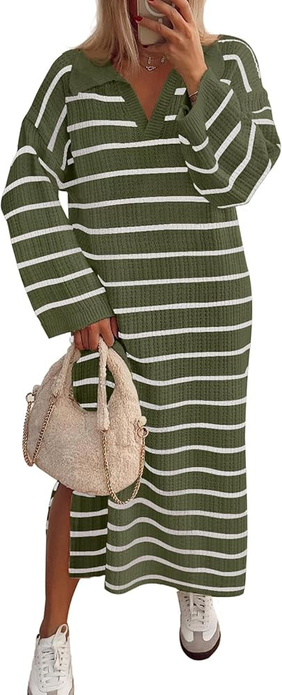 MEROKEETY Women's 2024 Long Sleeve Striped Sweater Dress V Neck Collared Slit Casual Knit Maxi Dr... | Amazon (US)