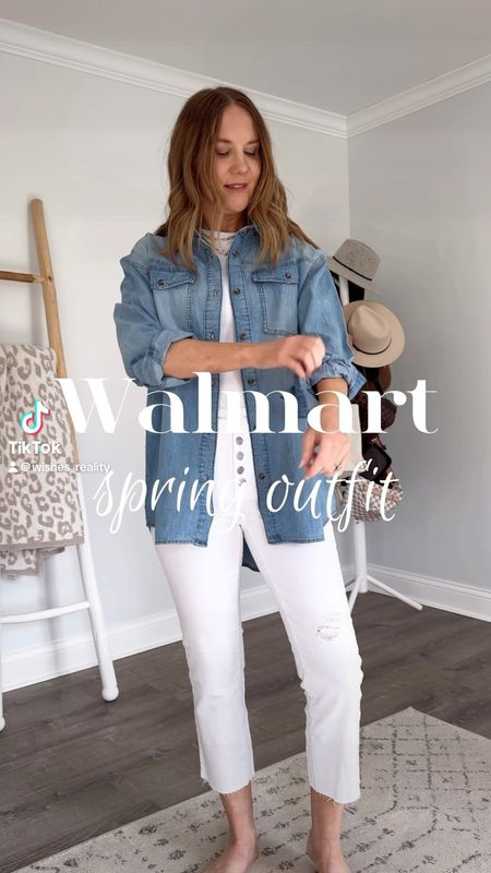 Walmart spring outfit idea🌼love a denim shirt + white jeans combo. These $20 jeans fit like a glove and I’m loving the high low detail on this chambray. Add these luxe looking $15 sandals for the perfect finishing touch. 

Walmart fashion finds, Walmart style, Walmart outfit, spring outfit idea, classic style, timeless fashion, how to style white jeans, casual spring outfit, brown sandals, affordable fashion, inclusive fashion 



#LTKSeasonal #LTKVideo #LTKover40
