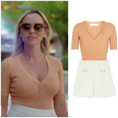 Nicole Martin’s Tan Ribbed Henley Bodysuit and White Pleated Skirt