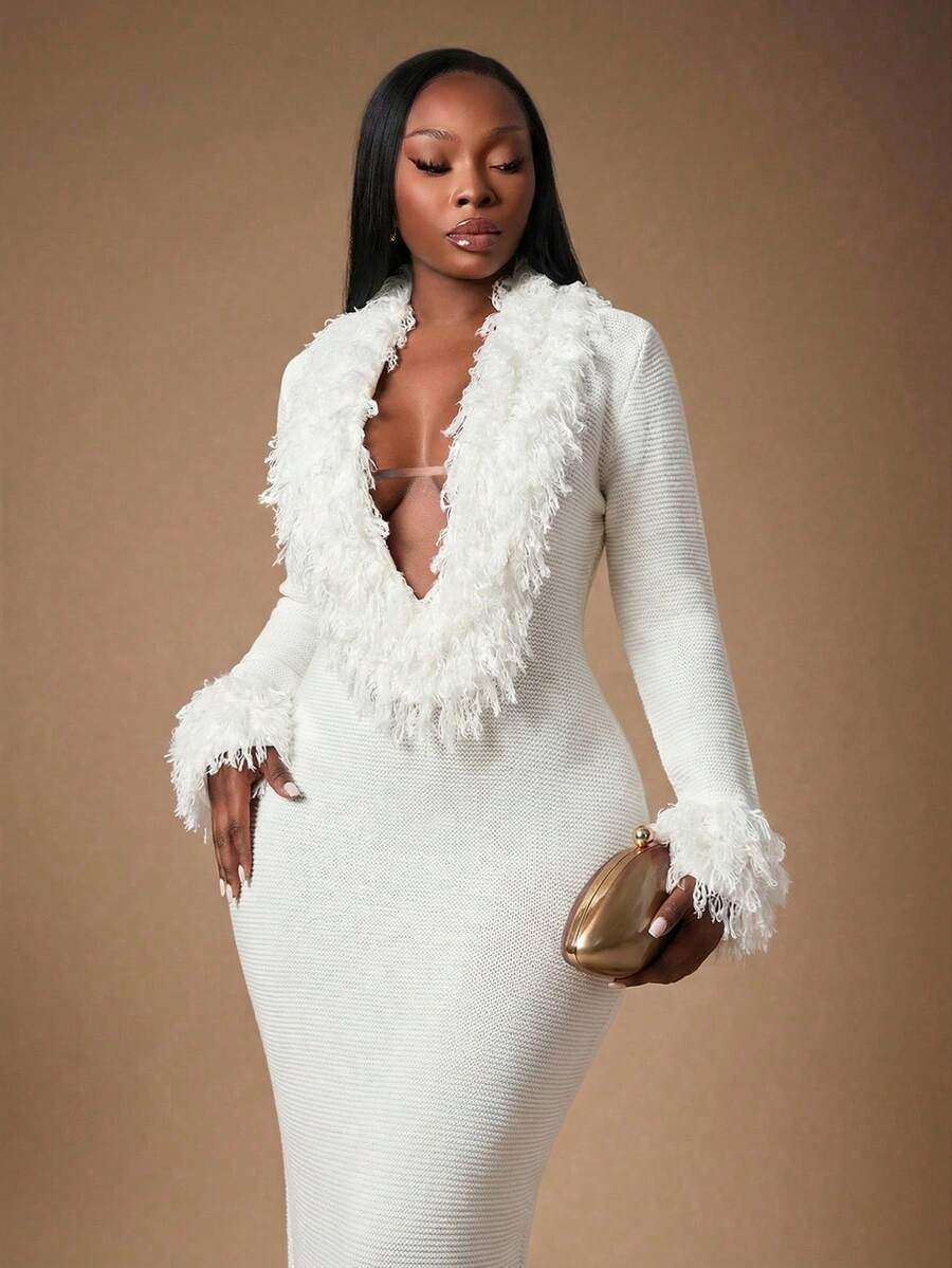 Radiana Spring/Summer Plus Size Fashionable Sexy Tassel-Decorated Deep V-Neck White Extra Long Kn... | SHEIN