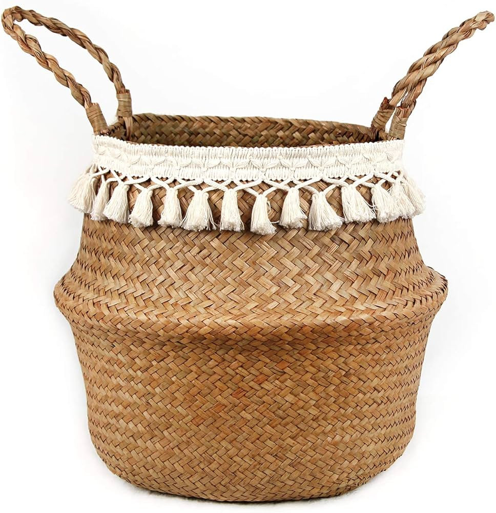 BlueMake Boho Woven Seagrass Belly Basket for Storage Plant Basket or Toy Basket Living Bathroom (La | Amazon (US)