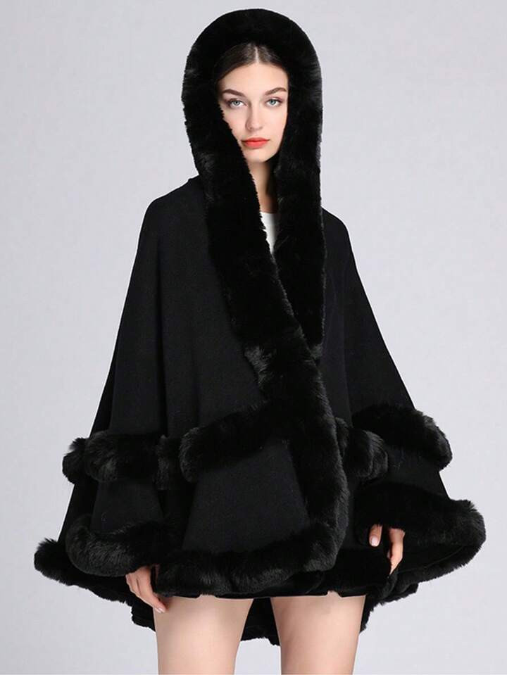 1pc Autumn/Winter Solid Color Dual Layer Faux Fur Trim Acrylic Hooded Poncho Shawl, Casual Elegant For Party For Dress | SHEIN
