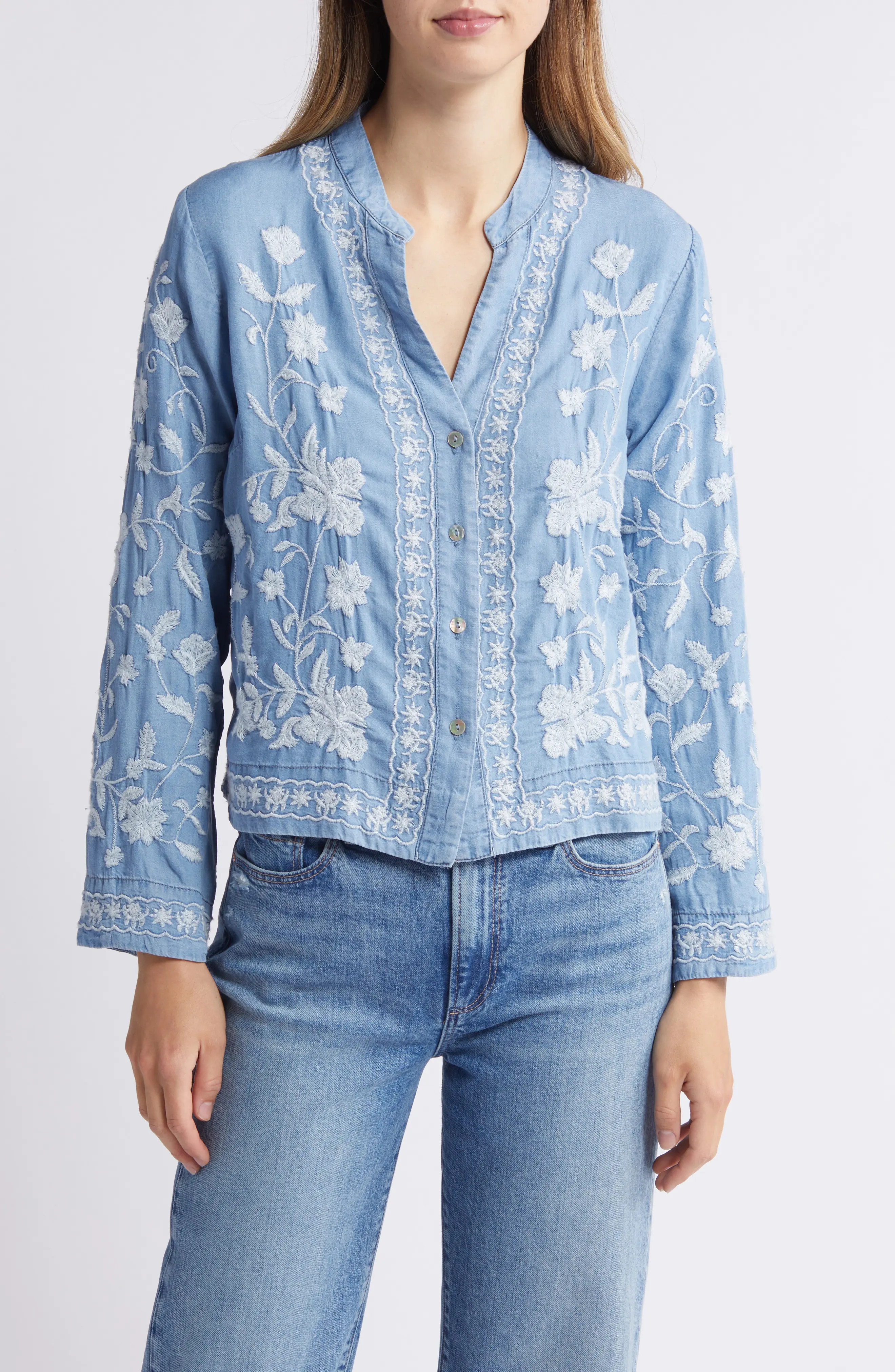 NIKKI LUND Madison Floral Embroidered Chambray Button-Up Shirt (Women) | Nordstrom | Nordstrom