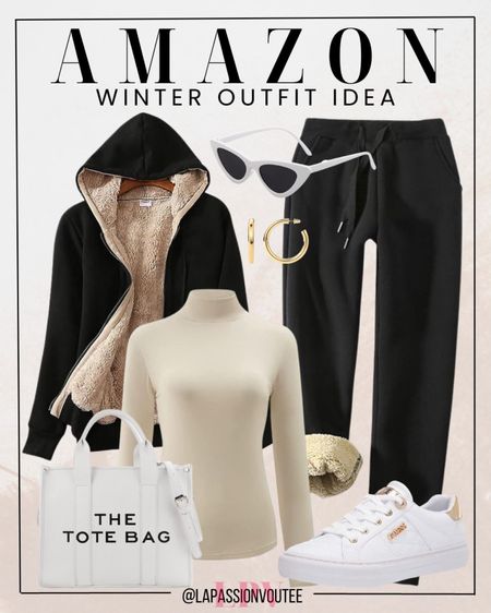 Embrace winter vibes with our Amazon winter outfit essentials: cozy hoodie jacket, stylish jogger pants, chic long sleeve turtle neck top, complemented by trendy earrings. Complete the look with a versatile tote bag, sleek sneakers, and the perfect shades. Elevate your winter style effortlessly. 

#LTKHoliday #LTKstyletip #LTKSeasonal