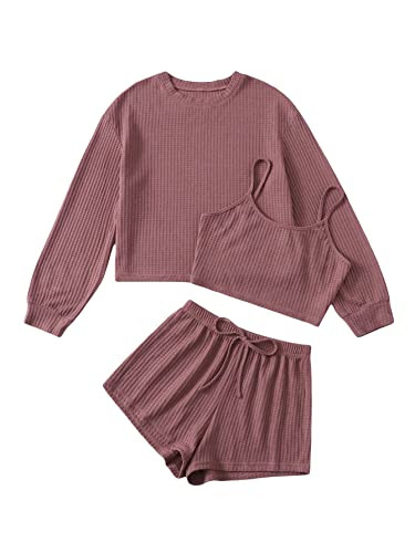 COZYEASE Women's 3 Piece Lounge Sets Ribbed Knit Cami Top Long Sleeve Tee Shirts and Shorts Pajam... | Amazon (US)