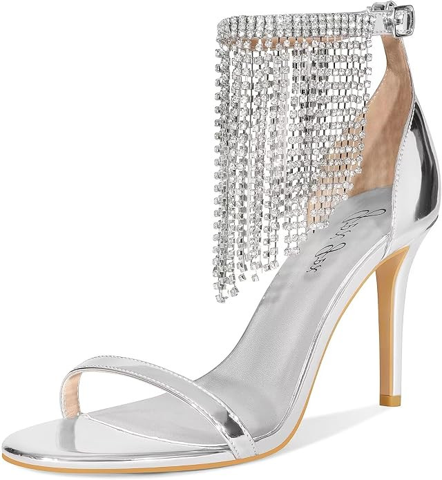 Women's High Heels Open Toe Sandals Rhinestone Fringe Ankle Strap Sandals Sparkling Stiletto Heel... | Amazon (US)