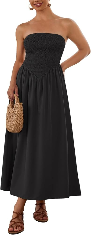 Women's Summer Strapless Midi Sundress Tube Off Shoulder Ruffle Flowy A Line Long Beach Vacation ... | Amazon (US)