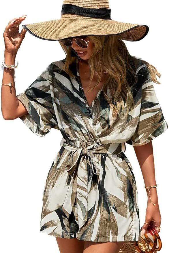 Verdusa Women's Short Sleeve V Neck Allover Print Batwing Sleeve Belted Short Rompers | Amazon (US)