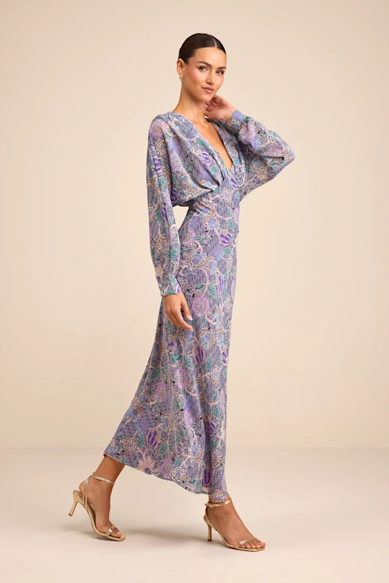 Azalea Purple Multi Floral Long Sleeve Midi Dress | Lulus