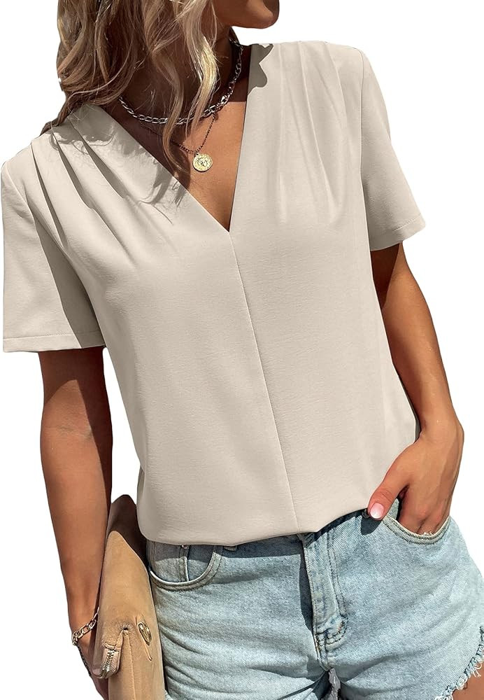 Milumia Women Casual V Neck Work Office Blouse Short Sleeve Pleated Shirts Tops | Amazon (US)