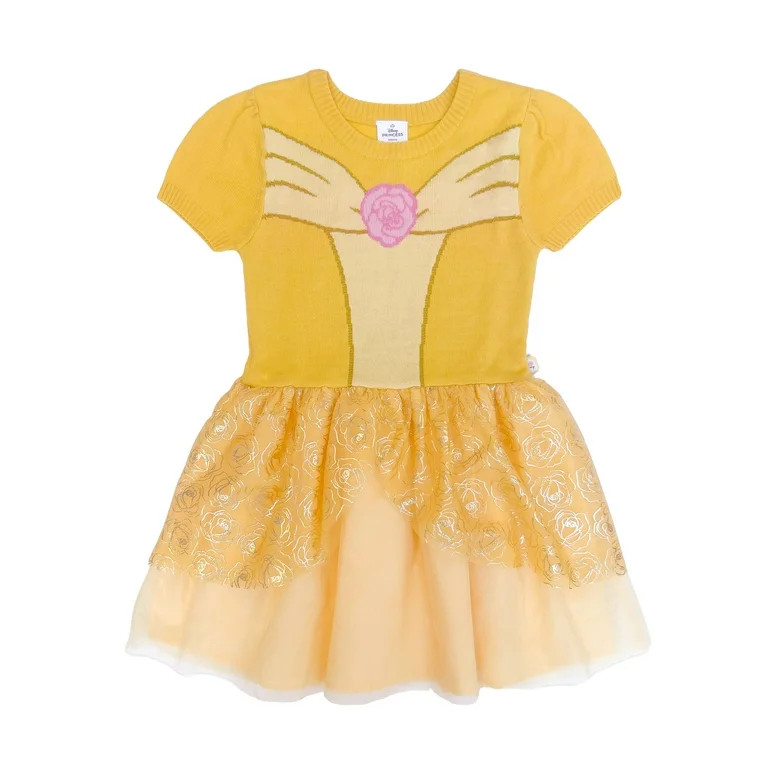 Girls Disney Princess Beauty and the Beast Belle Cosplay Short Sleeve Sweater Dress, Sizes 4-12 | Walmart (US)