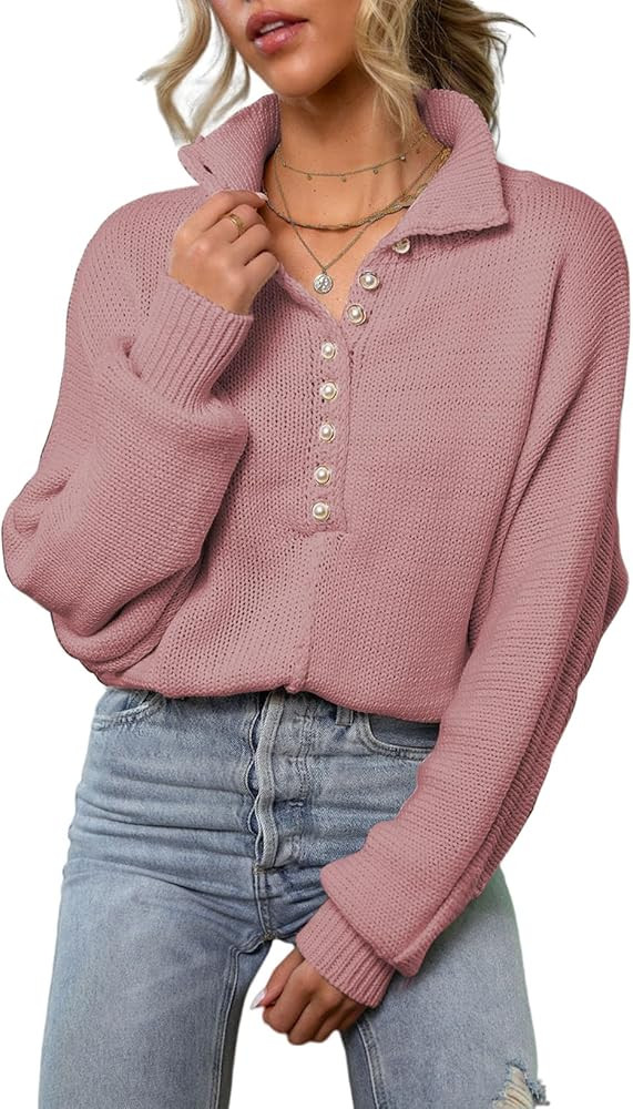EVALESS Womens Oversized Knit Chunky Fall Sweater Tops 2023 V Neck Long Sleeve Lapel Collar Butto... | Amazon (US)
