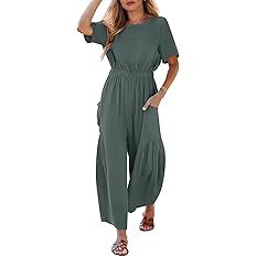 ANRABESS Jumpsuits for Women 2024 Casual Summer Linen Romper Short Sleeve Wide Leg Long Pants Jum... | Amazon (US)